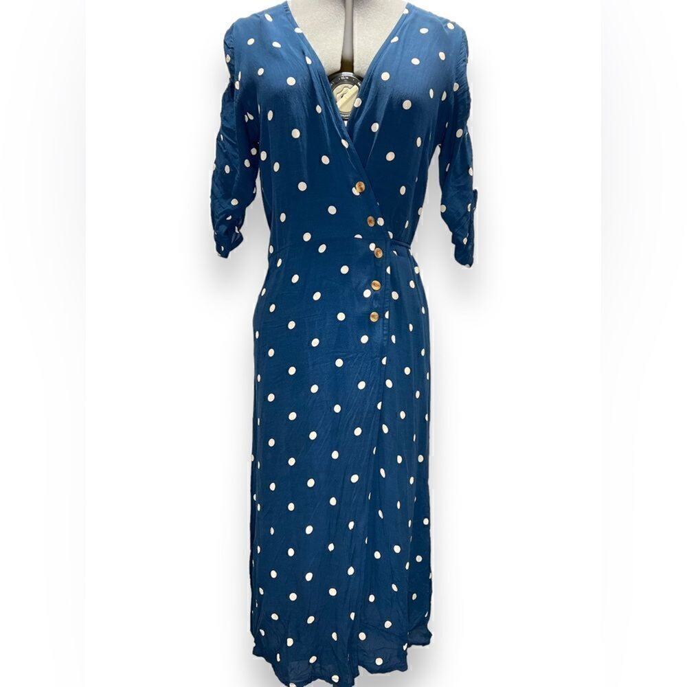 Faithfull The Brand Anne Marie Wrap Navy Blue Midi Dress Ronja Dot Vintage S
